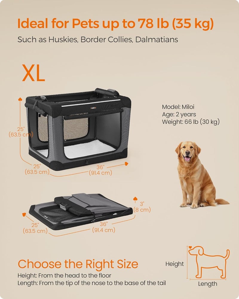 Feandrea Collapsible Dog Crate, 36-Inch Portable Dog Travel Crate for Large Dogs, Oxford Fabric Pet Carrier with 4 Mesh Doors, Handles, Storage Pocket, Water Bottle Holder, Ink Black - Image 5